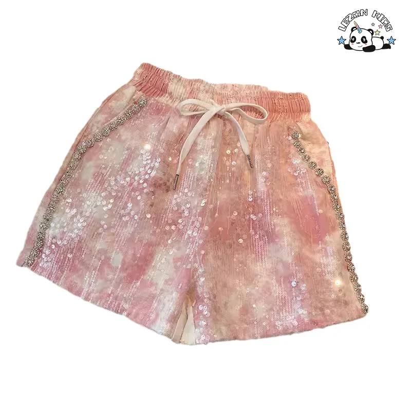 LEZONKIDS - Shorts curtos customizados com tingimento e lantejoulas em malha, estilo A-line para meninas, com cristais de ferro